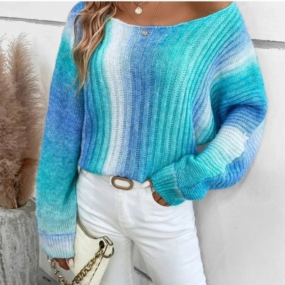 Mint Blue Preppy Womens Ombre Batwing Sleeve Sweater - Picture 5 of 5